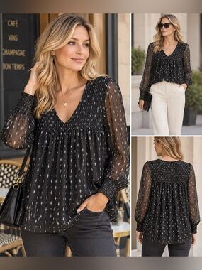 Penningtons Black V-Neck Sheer Blouse with White Dot Detail